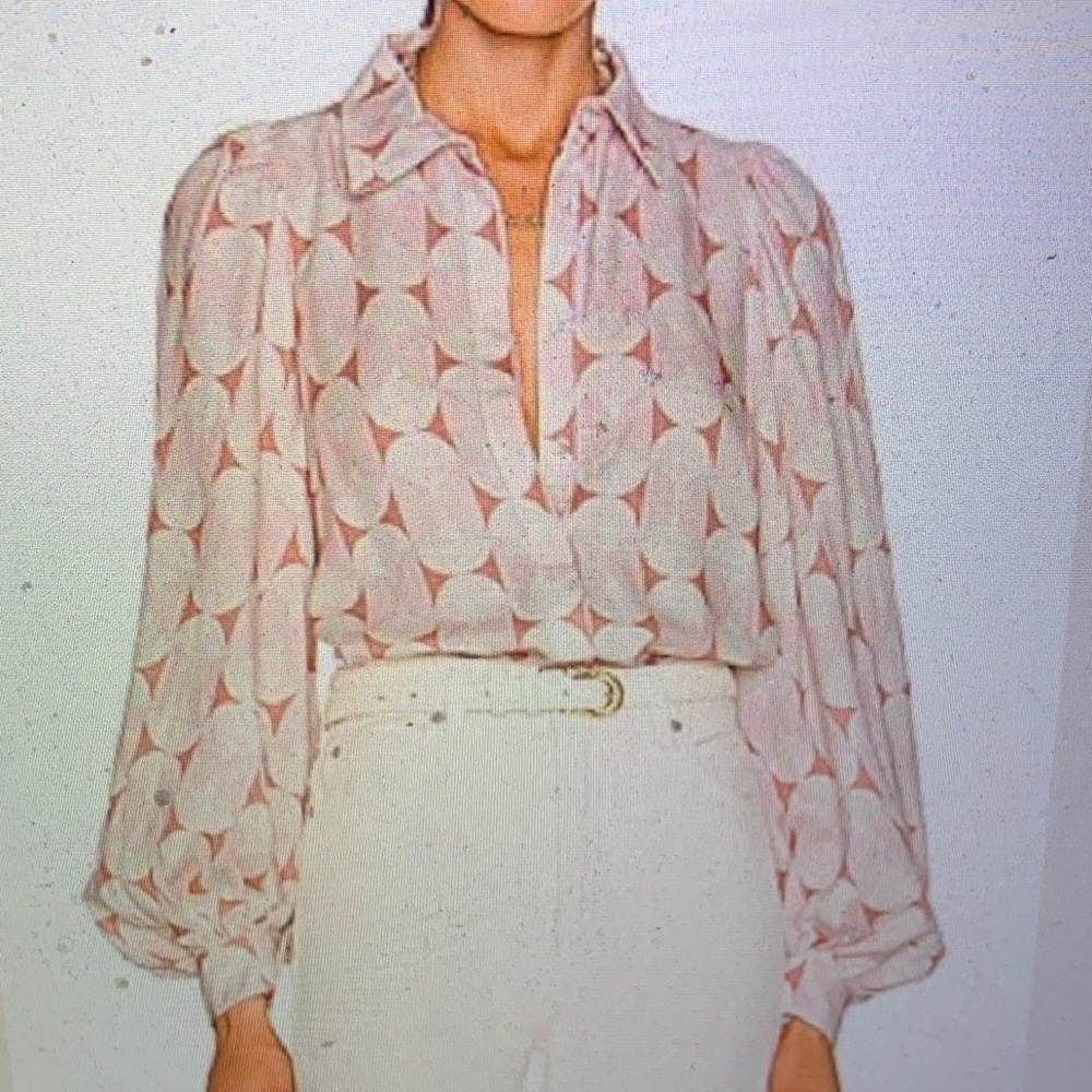Bardot Women’s Geometric Print Balloon Sleeve Button Down Relaxed Blouse Size 12